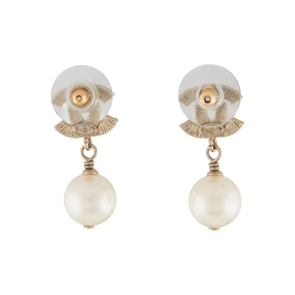 Chanel Faux Pearl & Strass CC Logo Drop Earrings